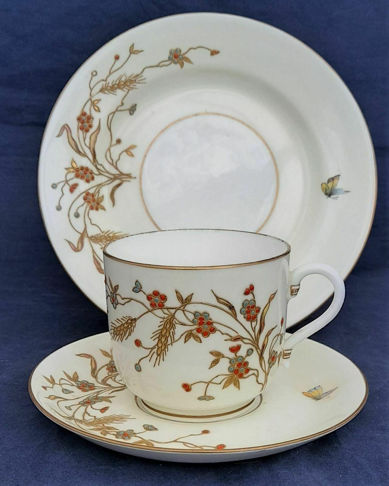 Antique Aesthetic Movement Moore Brothers Cup Saucer & Plates Set Gilded & Hand Painted with Jewelled Flowers Grasses and Butterflies circa 1875