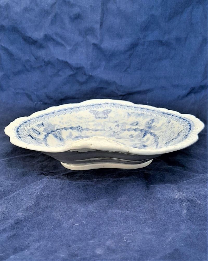 Antique pearlware blue & white transferware shell shaped dessert dish - marked Royal Vitrescent Rock China