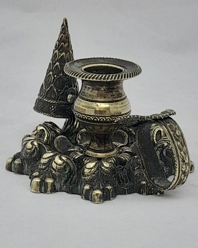 Antique cast brass taper stick holder and snuffer small chamber stick with a butterfly handle Mid 19th Century