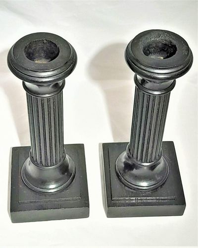 Pair of antique Edwardian Ebony ribbed Doric column wooden candlesticks 6 inches high circa 1905