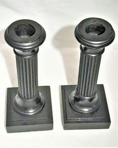 Pair of antique Edwardian Ebony ribbed Doric column wooden candlesticks 6 inches high circa 1905