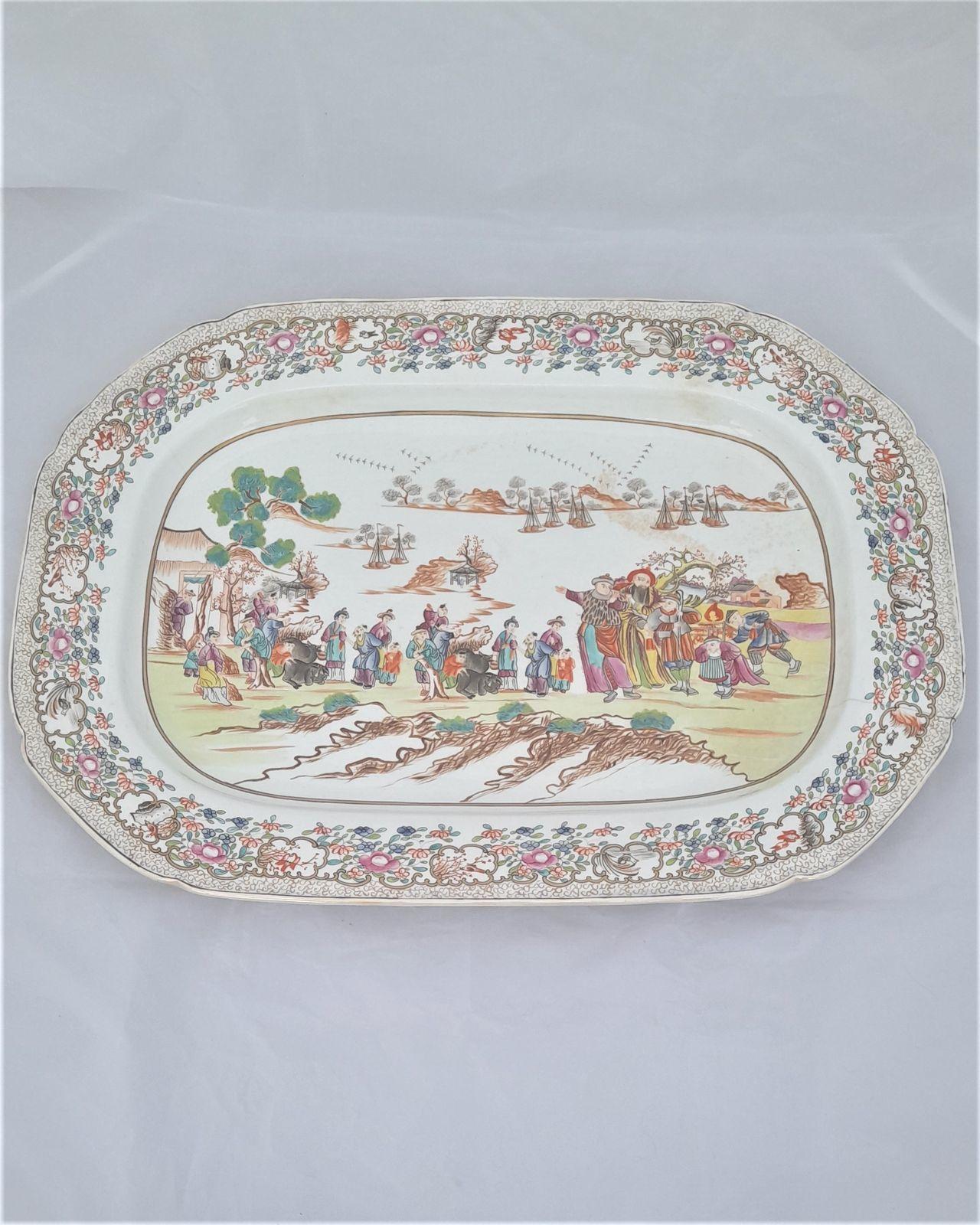 Large Antique Porcelain Platter Transferware Chinoiserie Harbour Scene pattern circa 1820 18th century Qing Chinese Style 56 cm long 41 cm wide 3.7 kg