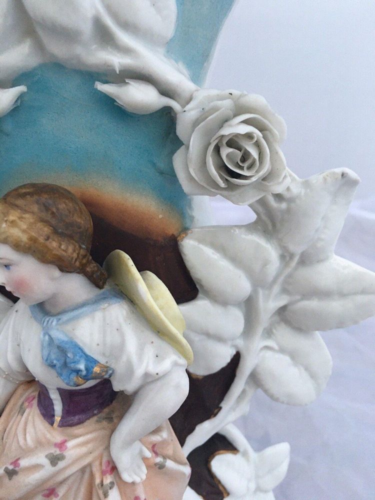 Antique French Paris Porcelain Large Vase with Applied Figurine of a Female Gardener holding a Watering Can and Floral Encrusted circa 1860 28 cm high