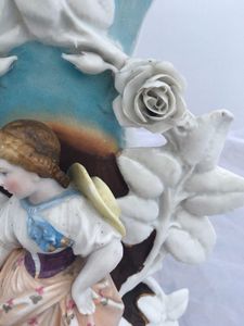 Antique French Paris Porcelain Large Vase with Applied Figurine of a Female Gardener holding a Watering Can and Floral Encrusted circa 1860 28 cm high