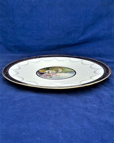An antique Edwardian Spode Copeland's China porcelain cabinet plate painted central floral landscape pattern R2331 with daisy type flowers and topiary - gilded Bradford border registered design number 461740 antique circa 1905