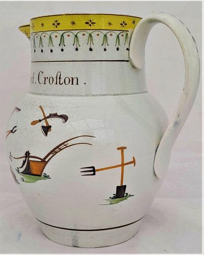 Pearlware high temperature underglaze decorated jug painted name - Edward Croston and farm implement  - Antique circa 1800 - prattware - capacity 2.5 pints or 1.45 litres - 17.5 cm high