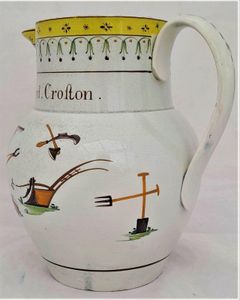 Pearlware high temperature underglaze decorated jug painted name - Edward Croston and farm implement  - Antique circa 1800 - prattware - capacity 2.5 pints or 1.45 litres - 17.5 cm high