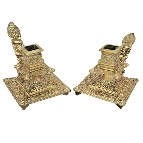 Pair of antique French brass chambersticks with long handles circa 1860 - 11 cm square with putti and Fleur de Lys - Napoleon III 23 cm high 1.446 kg