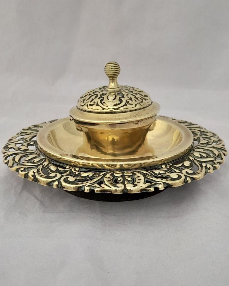 Antique neo rococo style brass hinged lidded inkwell with liner & pen stand cast rococo scroll decoration circa 1870