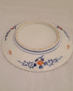 Antique Japanese Arita Porcelain Plate Ribbed Hand Painted Imari Pattern HoHo Bird or Chinese Phoenix Central low Relief Chrysanthemum Meiji ca 1880