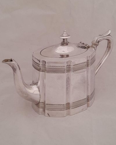 James Dixon and Sons silver plated Commode shaped tea pot engine engraved design - antique George V circa 1921 2 pint capacity