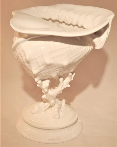 Antique Wedgwood White Porcelain Centrepiece - Fine Bone China Conch Shell sat Upon Coral on a round base - Victorian circa 1900 - 24.8 cm H 19 cm L