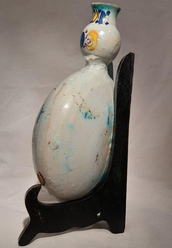 Moroccan tin glazed earthenware or faience pilgrim water flask antique 19th century hand painted with polychrome Arabesque foliate geometric pattern  727 grammes  9 inches long 6.5 inches wide  3 5/8 inches deep