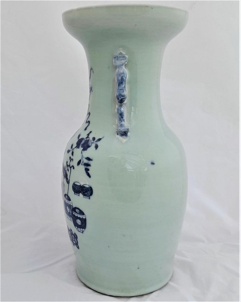 Antique Chinese Porcelain Celadon Ground Vase Blue & White Precious Things Lion Dog Handles baluster shape flared trumpet neck Qing dynasty late 19thC 42cm high 20.6 cm diameter 3.65 kg