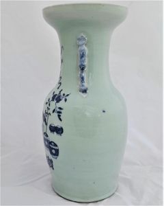 Antique Chinese Porcelain Celadon Ground Vase Blue & White Precious Things Lion Dog Handles baluster shape flared trumpet neck Qing dynasty late 19thC 42cm high 20.6 cm diameter 3.65 kg