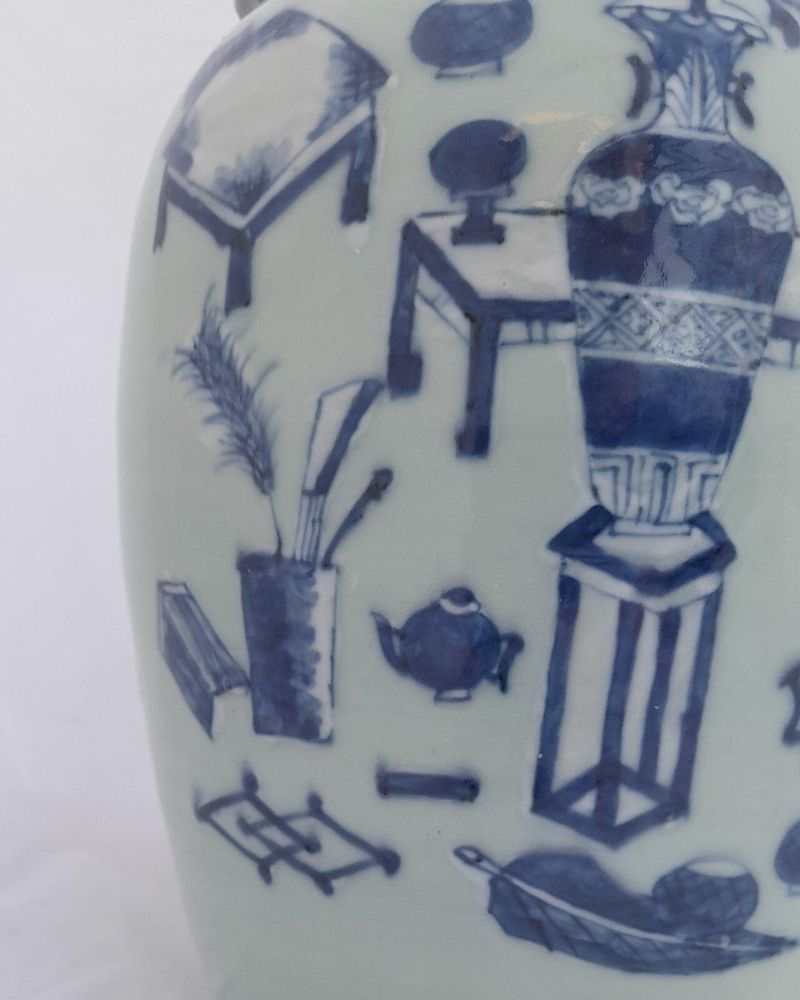 Antique Chinese Porcelain Celadon Ground Vase Blue & White Precious Things Lion Dog Handles baluster shape flared trumpet neck Qing dynasty late 19thC 42cm high 20.6 cm diameter 3.65 kg