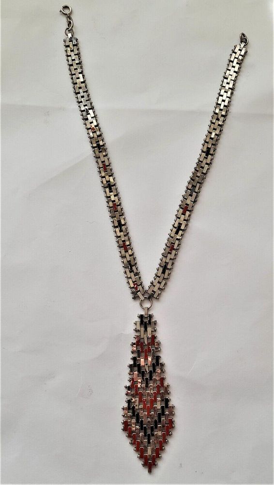 Art Deco Jakob Bengel Brickwork or Mauerwerk Articulated Long Necklace Red Black Enamels 1920