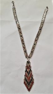 Art Deco Jakob Bengel Brickwork or Mauerwerk Articulated Long Necklace Red Black Enamels 1920