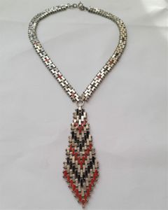 Art Deco Jakob Bengel Brickwork or Mauerwerk Articulated Long Necklace Red Black Enamels 1920