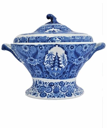 Herculaneum Pottery Blue & White Pearlware Warming Tureen Net Pattern - antique Liverpool pottery Transferware early 19th century Regency circa 1810 26.8 cm long , 16.5 cm wide, 20.3 cm high 1.125 kg