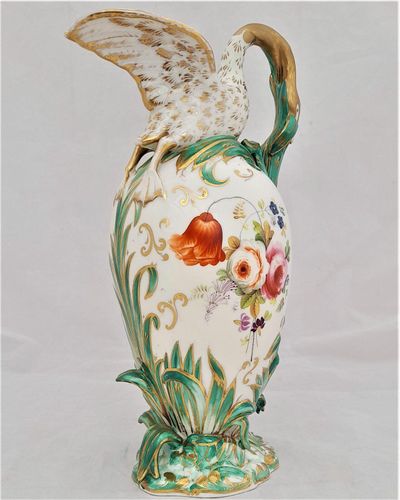 Antique Regency Daniel & Son Porcelain Swan lipped Vase Ewer or Jug Hand Painted Botanicals circa 1825. Made by Henry & Richard Daniel Shelton Staffordshire. 242mm high weighs 516 grammes unpacked.