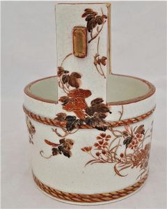 Japanese Kutani Porcelain Well Bucket Shaped Vase decorated in aka-e Meiji antique circa 1890 - signed Kutani Kankin Ken sei 12.7 cm high 319 grammes
