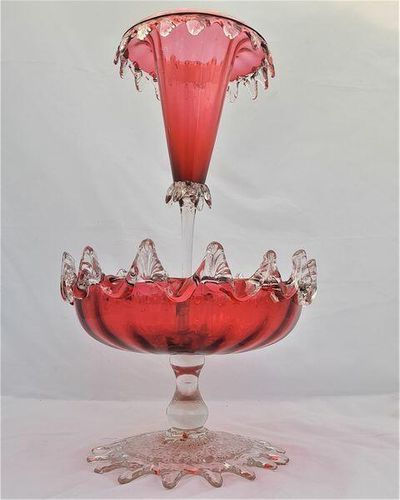 Antique Large Ruby Glass Table Centrepiece or Epergne Stand & Ruby Glass Trumpet circa 1880 - Applied crimped leaf & embossed daisy decoration 42cm High 2.4 kg
