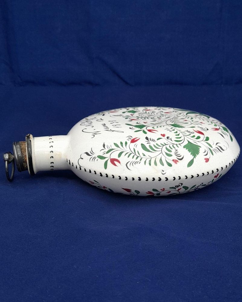 Pearlware Prattware Spirit Flask Inscribed W. Nicklin June 12th 1838 - Antique Pilgrim Flask high temperature underglaze colours green black & red