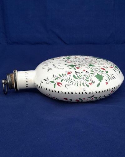 Pearlware Prattware Spirit Flask Inscribed W. Nicklin June 12th 1838 - Antique Pilgrim Flask high temperature underglaze colours green black & red