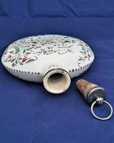 Pearlware Prattware Spirit Flask Inscribed W. Nicklin June 12th 1838 - Antique Pilgrim Flask high temperature underglaze colours green black & red