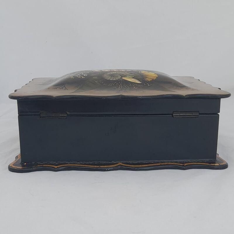 Back - Papier Mache Jewellery Box scalloped rim & hand painted Shells Seaweed & kelp design with Inlaid Mother of Pearl - Antique Victorian Conchology c 1850