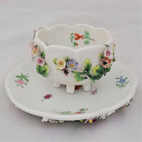 left back - Dresden porcelain cup & saucer applied flowers hand painted insects antique late 19th C - lobed shape on six stilt feet - Meissen style - monogram JR