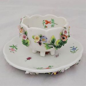 left back - Dresden porcelain cup & saucer applied flowers hand painted insects antique late 19th C - lobed shape on six stilt feet - Meissen style - monogram JR