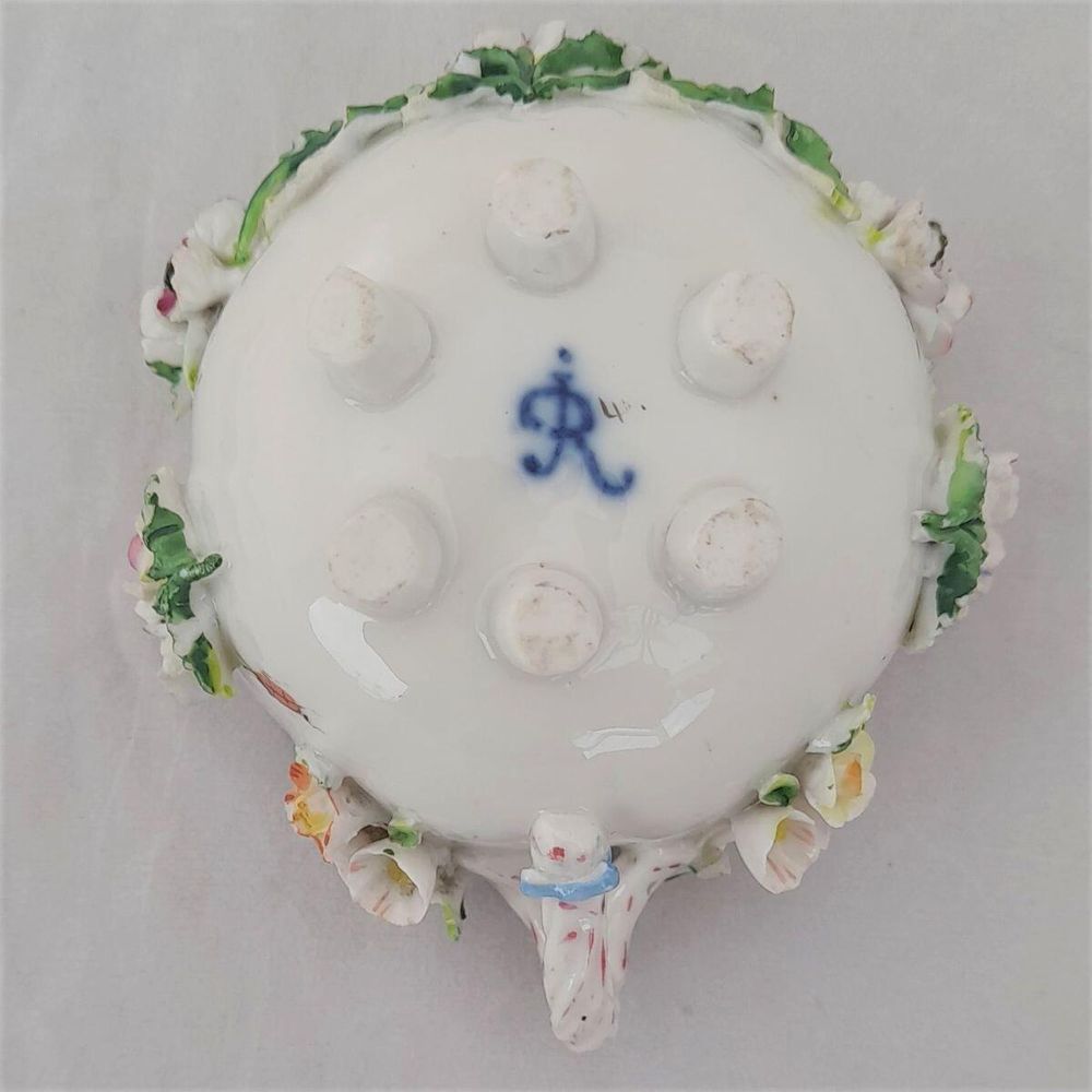 Cup base - Dresden porcelain cup & saucer applied flowers hand painted insects antique late 19th C - lobed shape on six stilt feet - Meissen style - monogram JR