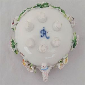 Cup base - Dresden porcelain cup & saucer applied flowers hand painted insects antique late 19th C - lobed shape on six stilt feet - Meissen style - monogram JR