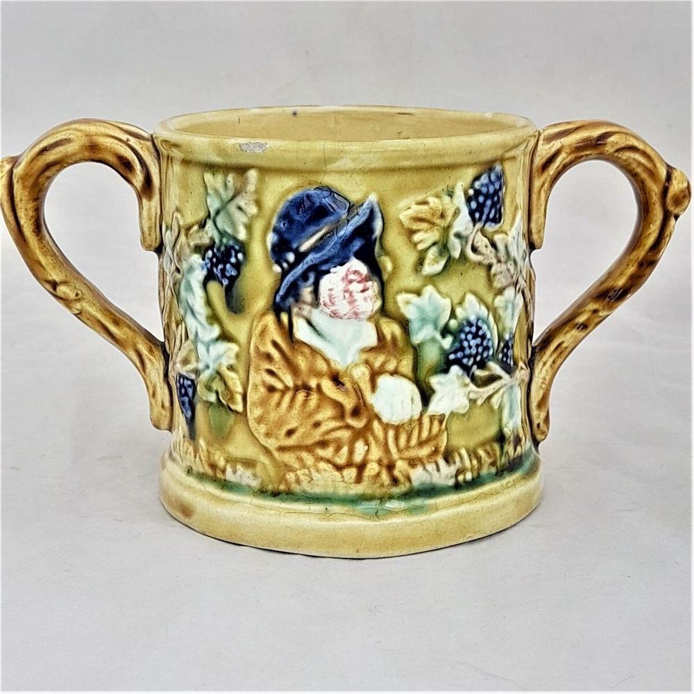 back -Miser  -Novelty Frog Loving Cup Jolly Topers - Prattware underglaze coloured - Kilnhurst Pottery Yorkshire - moulded The Miser & Grapevines - Antique c 1860