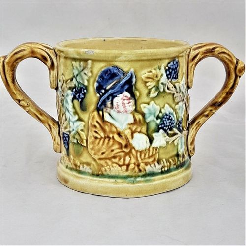 back -Miser  -Novelty Frog Loving Cup Jolly Topers - Prattware underglaze coloured - Kilnhurst Pottery Yorkshire - moulded The Miser & Grapevines - Antique c 1860