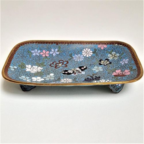 Front view - Japanese shippo cloisonne turquoise enamel bracket footed small rectangular dish decorated with butterfly & flowers - Antique Meiji period circa 1900