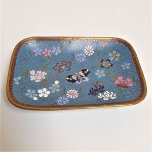 Front top view - Japanese shippo cloisonne turquoise enamel bracket footed small rectangular dish decorated with butterfly & flowers - Antique Meiji period circa 1900