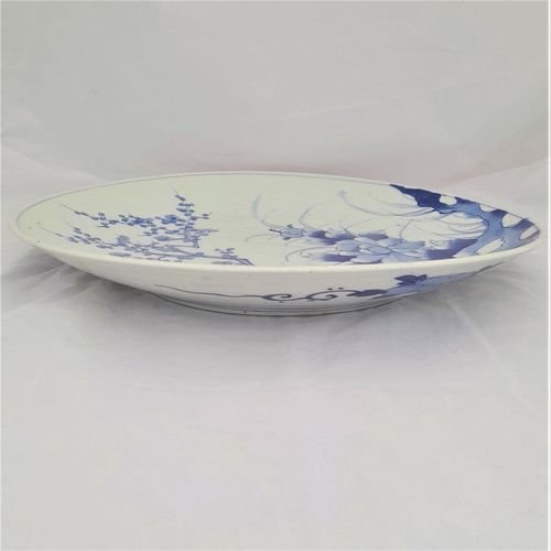 side view left - Large Japanese Arita Porcelain Charger Painted Blue & White Bird of Paradise in Prunus Tree - antique circa 1870 19th C Meiji 41 cm diameter 2.29 kg