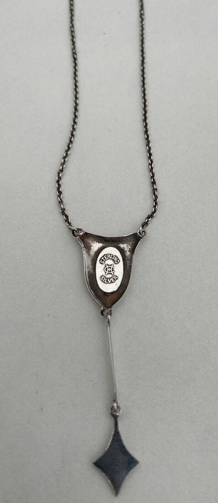 Antique Silver & Enamel Charles Horner Dropper Necklace Pink Rose Spray on Pale Blue Guilloche Enamel circa 1915