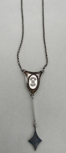 Antique Silver & Enamel Charles Horner Dropper Necklace Pink Rose Spray on Pale Blue Guilloche Enamel circa 1915
