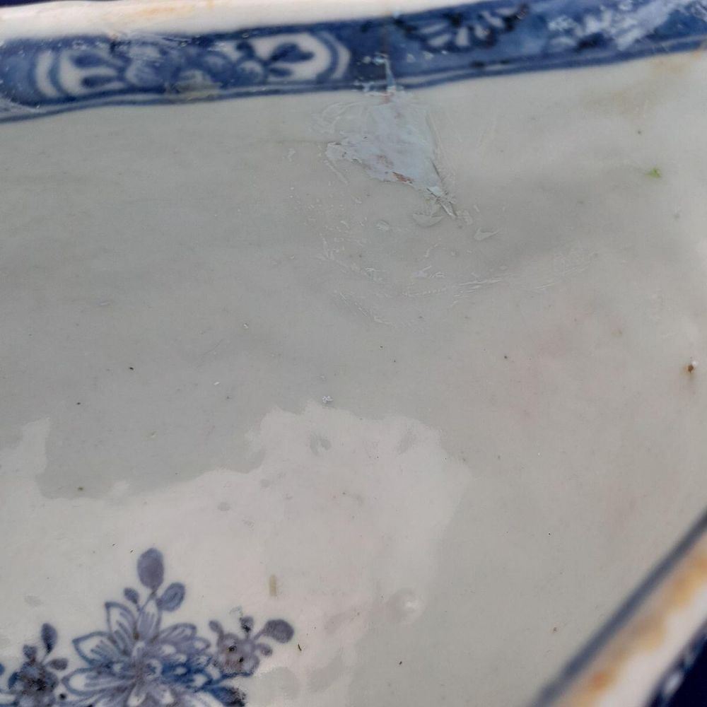 Detail inner repair view - Chinese Export Porcelain Blue & White Sauce Boat Garden Terrace Pattern with River & Island - Bulbous shape Gadrooned & unfooted - Qianlong Qing 1760