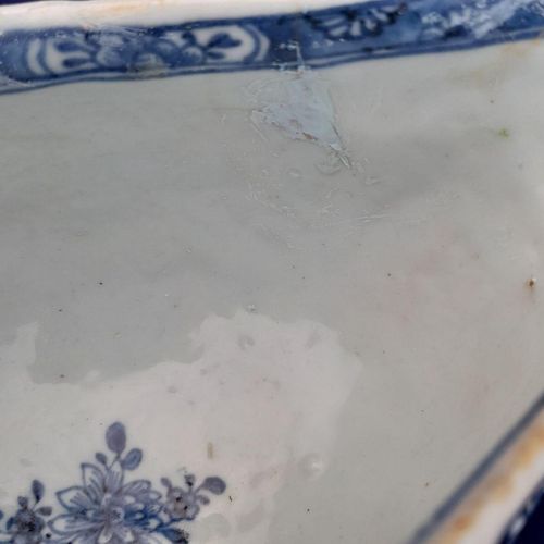 Detail inner repair view - Chinese Export Porcelain Blue & White Sauce Boat Garden Terrace Pattern with River & Island - Bulbous shape Gadrooned & unfooted - Qianlong Qing 1760