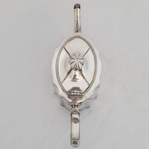 Top down view - James Dixon & Sons silver plated Commode shaped EPBM tea pot engine engraved design - antique George V circa 1920 2 pint capacity