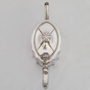 Top down view - James Dixon & Sons silver plated Commode shaped EPBM tea pot engine engraved design - antique George V circa 1920 2 pint capacity