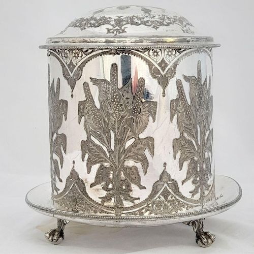 front side on view - James Dixon & Sons silver plated Biscuit Barrel in EPBM with an Aesthetic Movement engraved floral design - sat on three ball & claw feet 19th C