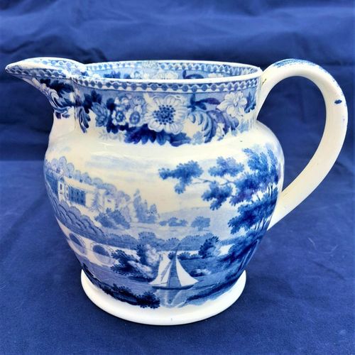 Left side view - Pearlware jug blue & white transfer printed British Scenery pattern - Stackpole Court Pembrokeshire Wales - Antique circa 1825 - 1 pint capacity