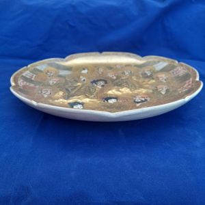 side bottom view - Japanese Satsuma Pottery Low relief Moulded Plate Painted Immortals or Lucky Gods with Halos marked Satsuma & Shimazu mon - Antique Meiji circa 1900