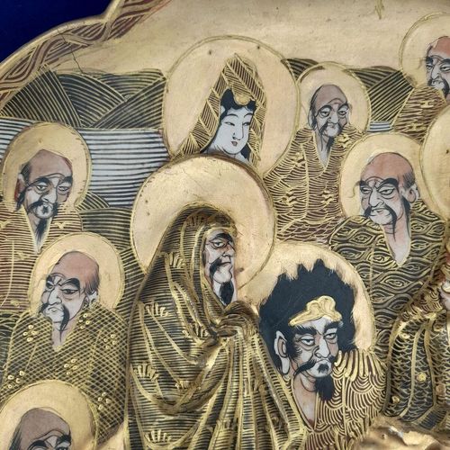 detail Benzaiten - Japanese Satsuma Pottery Low relief Moulded Plate Painted Immortals or Lucky Gods with Halos marked Satsuma & Shimazu mon - Antique Meiji circa 1900